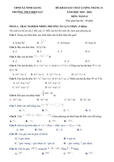 Đề khảo sát Toán 8 tháng 11 năm 2025 trường THCS Hiệp Lực – Hải Phòng (bản Word)